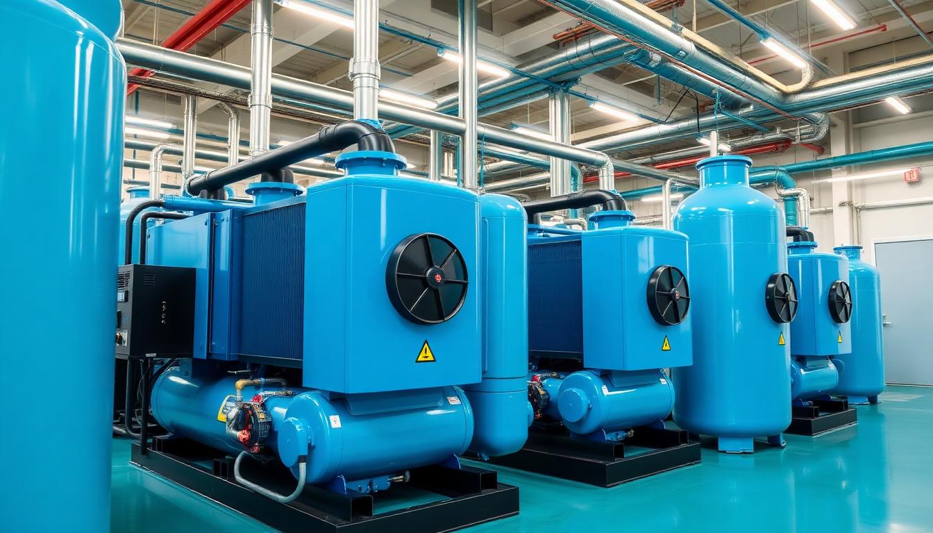 Industrial compressed air compressor room with rotary screw compressors and sequencer controls