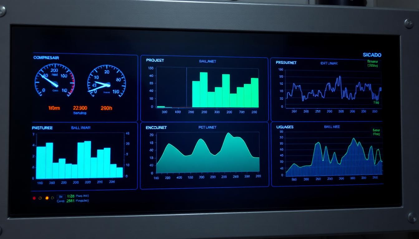 Compressed air system monitoring dashboard displaying real-time pressure trends, energy consumption in kW per 100 CFM, and compressor health alerts